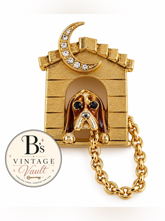 Kirks Folly Accessories - 1980s Kirks Folly Gold-tone Dog House Brooch with Crescent Moon